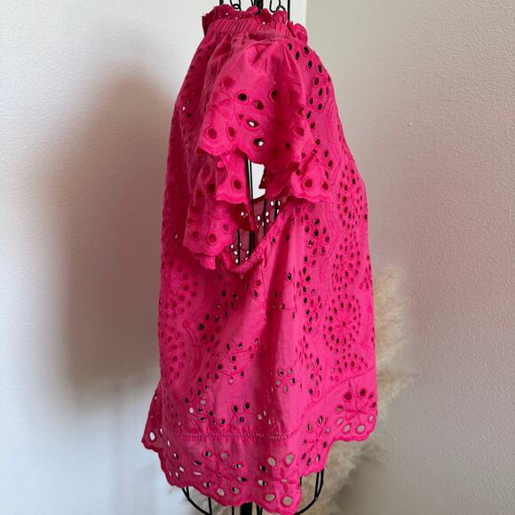 Jennifer + Grace Pink Eyelet Lace Ruffle Short Flutter Sleeve Cotton Blouse M - Picture 3 of 8